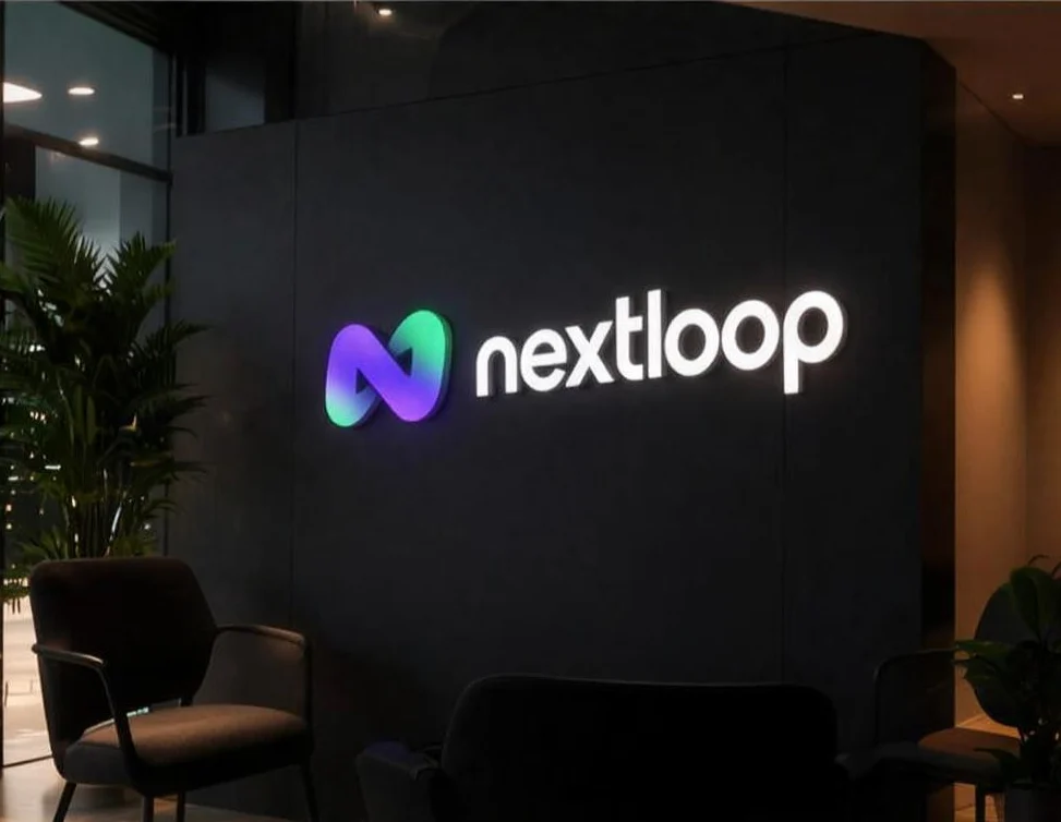 Parede escura com o letreiro iluminado da NextLoop
